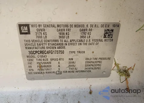 2015 Chevrolet Silverado 1500 1Lt z USA, uszkodzony, nr VIN 3GCPCREC4FG173750